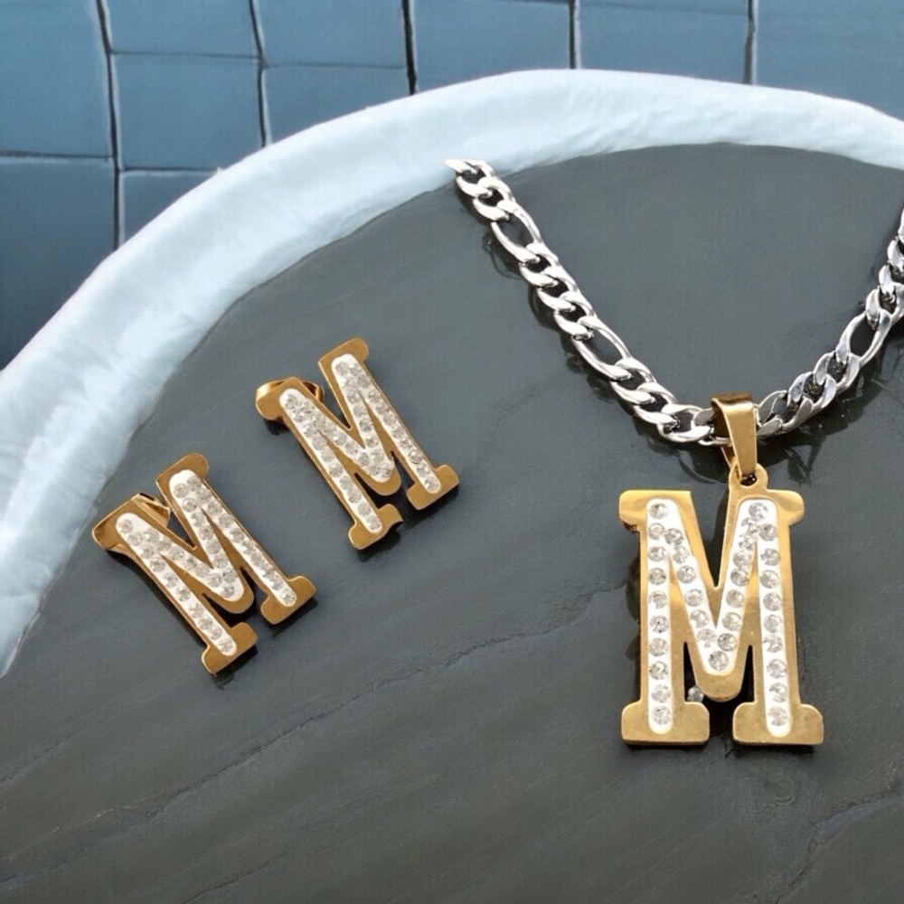 🆕 Crystal “M” Necklace and Earring Set Stainless Steel